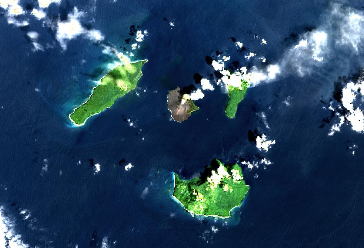 Landsat 8 surface reflectance image of Anak Krakatoa on 2018-12-20, two days before its eruption. Image has been processed in QGIS.