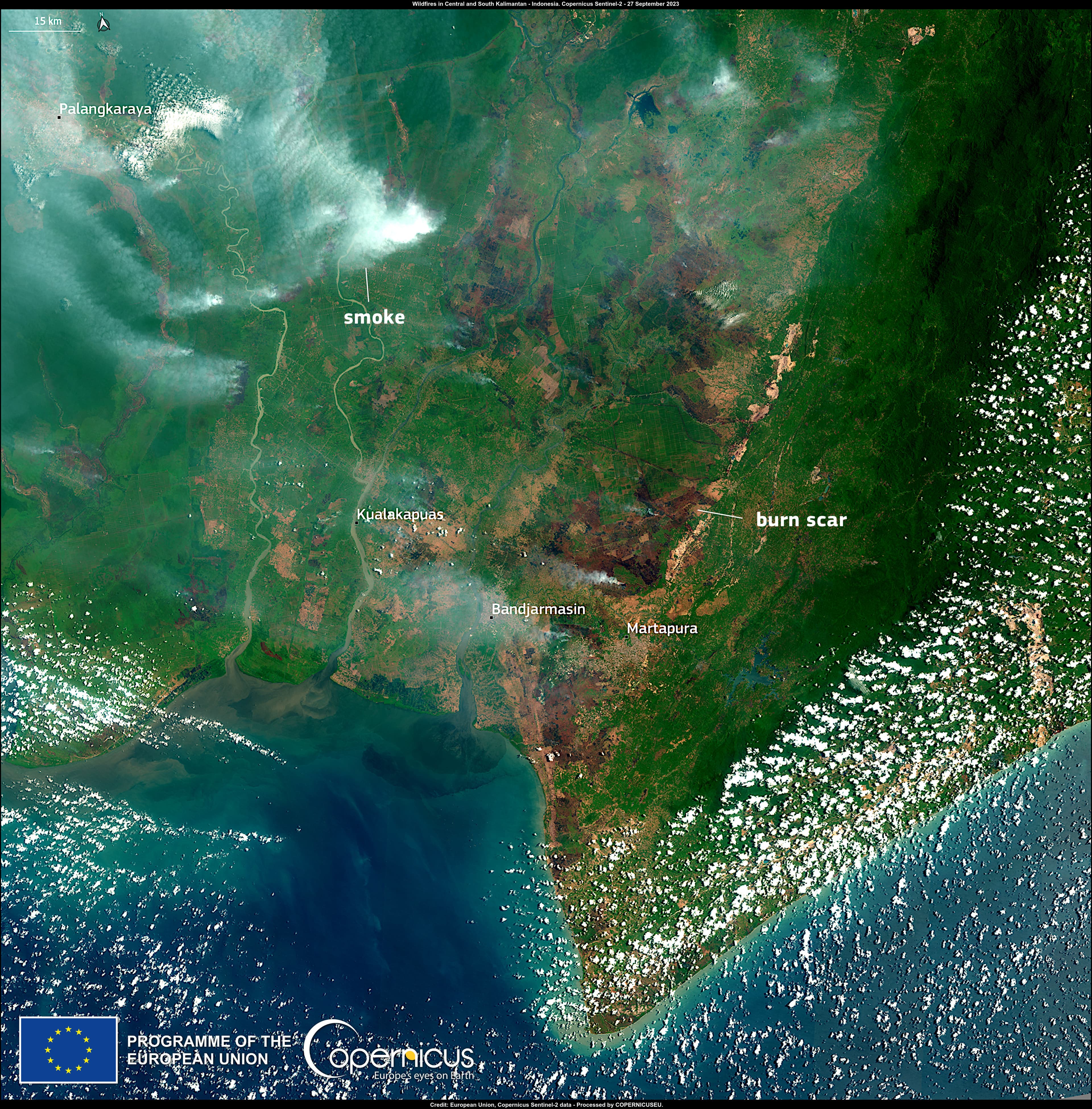 This image, acquired by one of the Copernicus Sentinel-2 satellites on 27 September 2023, shows the smoke clouds caused by the wildfires that are burn