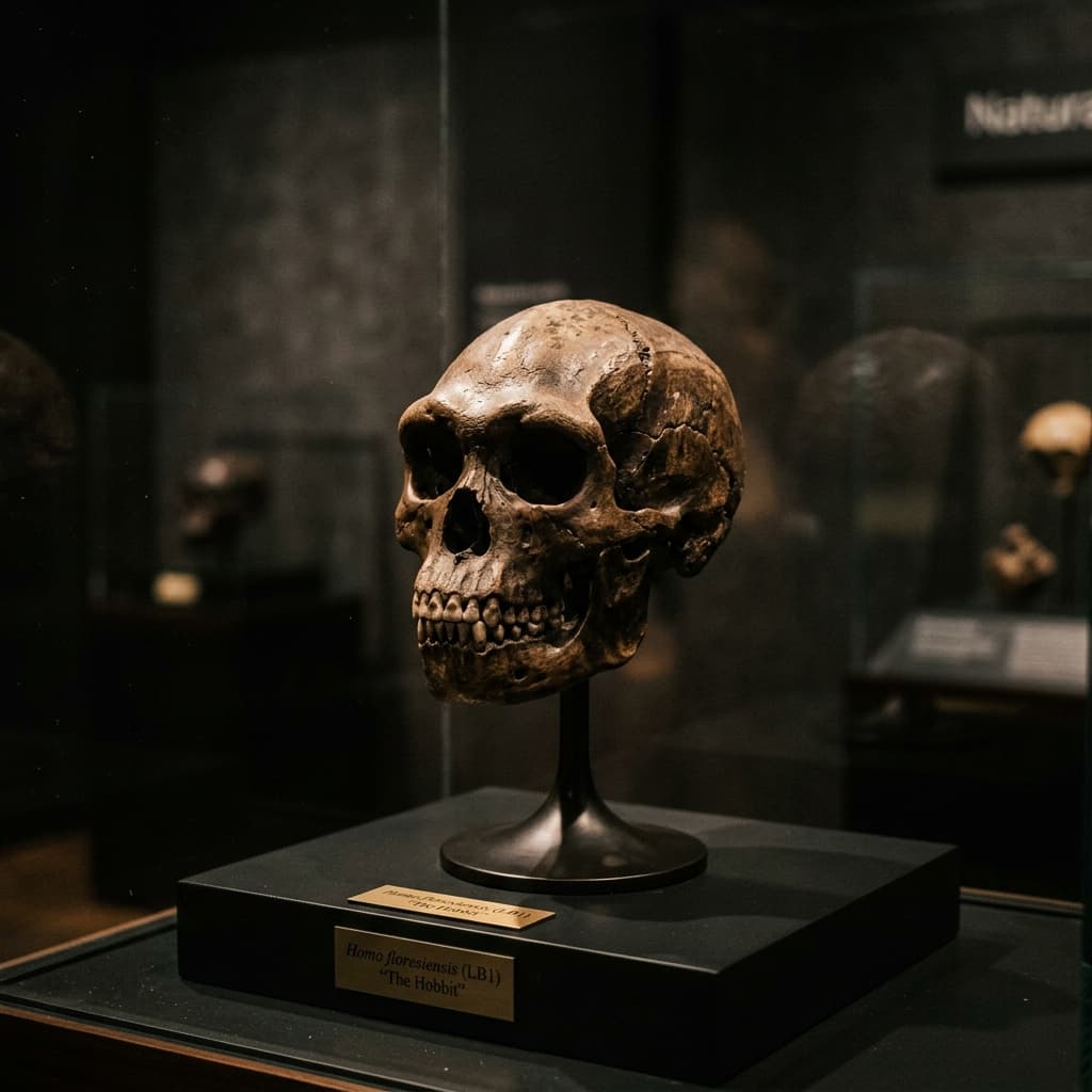 Foto replika tengkorak Homo floresiensis dari sudut depan-samping