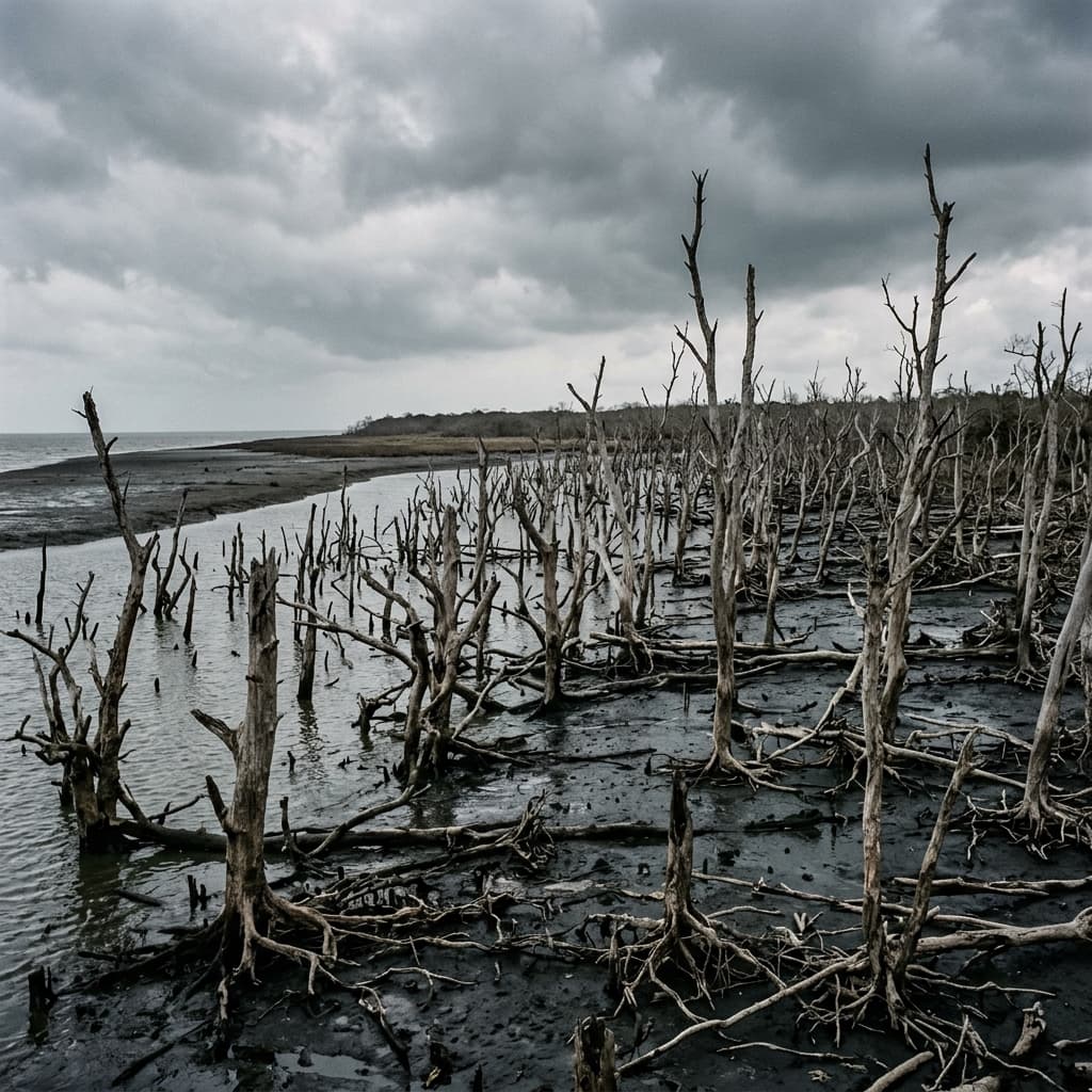 Batang pohon mangrove kering tanpa daun mati di pesisir berlumpur
