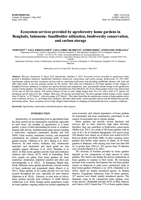 Pratinjau halaman pertama dokumen: Ecosystem services provided by agroforestry home gardens in Bengkulu, Indonesia: Smallholder utilization, biodiversity conservation, and carbon storage
