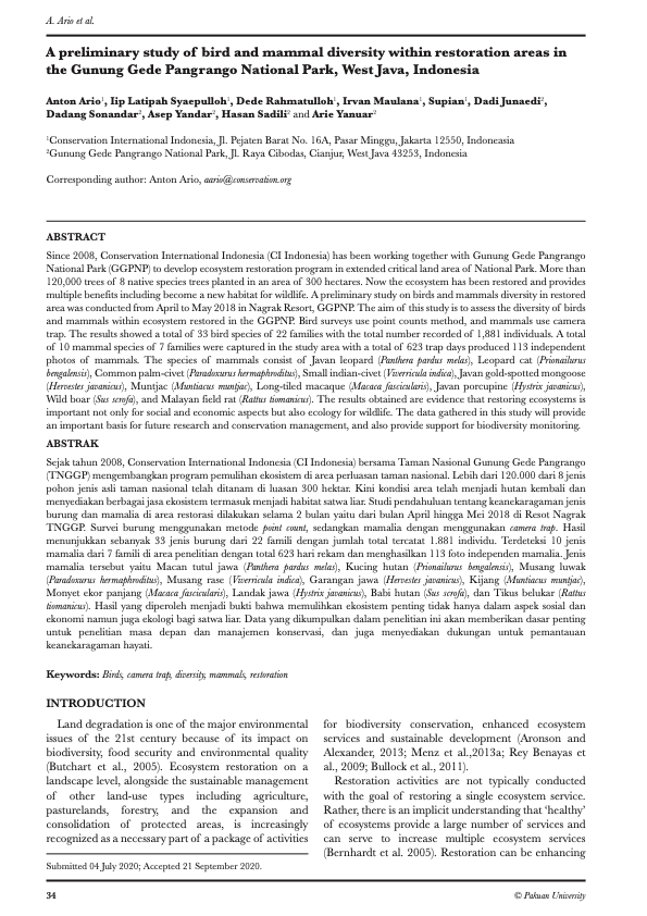 Pratinjau halaman pertama dokumen: Preliminary study on bird and mammal diversity at ecosystem restored areas in the Gunung Gede Pangrango National Park, West Java, Indonesia