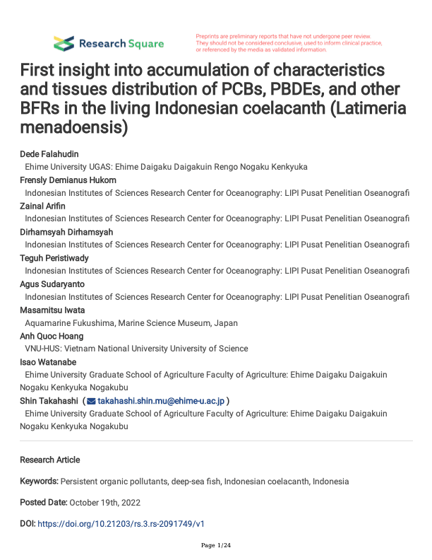 Pratinjau halaman pertama dokumen: First insight into accumulation of characteristics and tissues distribution of PCBs, PBDEs, and other BFRs in the living Indonesian coelacanth (Latimeria menadoensis)