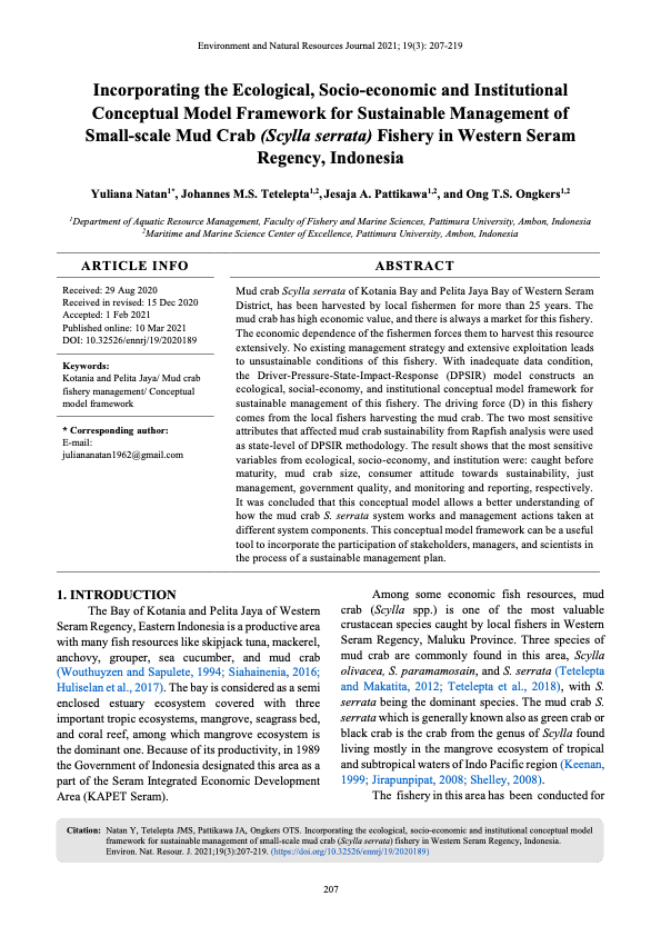 Pratinjau halaman pertama dokumen: Incorporating the Ecological, Socio-economic and Institutional Conceptual Model Framework for Sustainable Management of Small-scale Mud Crab (Scylla serrata) Fishery in Western Seram Regency, Indonesia