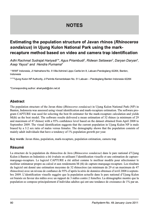 Pratinjau halaman pertama dokumen: Estimating the population structure of Javan rhinos (Rhinoceros sondaicus) in Ujung Kulon National Park using the mark- recapture method based on video and camera trap identification