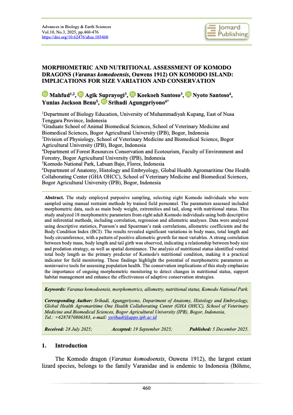 Pratinjau halaman pertama dokumen: Morphometric and Nutritional Assessment of Komodo Dragons (Varanus komodoensis, Ouwens 1912) on Komodo Island: Implications for Size Variation and Conservation