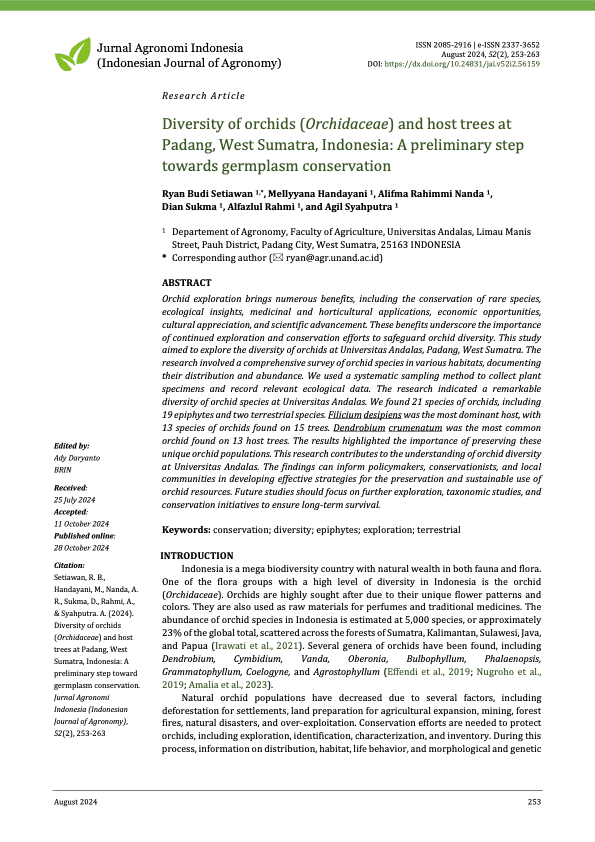 Pratinjau halaman pertama dokumen: Diversity of orchids (Orchidaceae) and host trees at Padang, West Sumatra, Indonesia: A preliminary step towards germplasm conservation