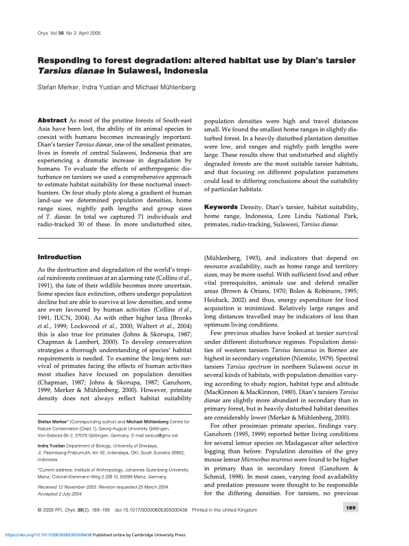 Pratinjau halaman pertama dokumen: Responding to forest degradation: altered habitat use by Dian's tarsier Tarsius dianae in Sulawesi, Indonesia