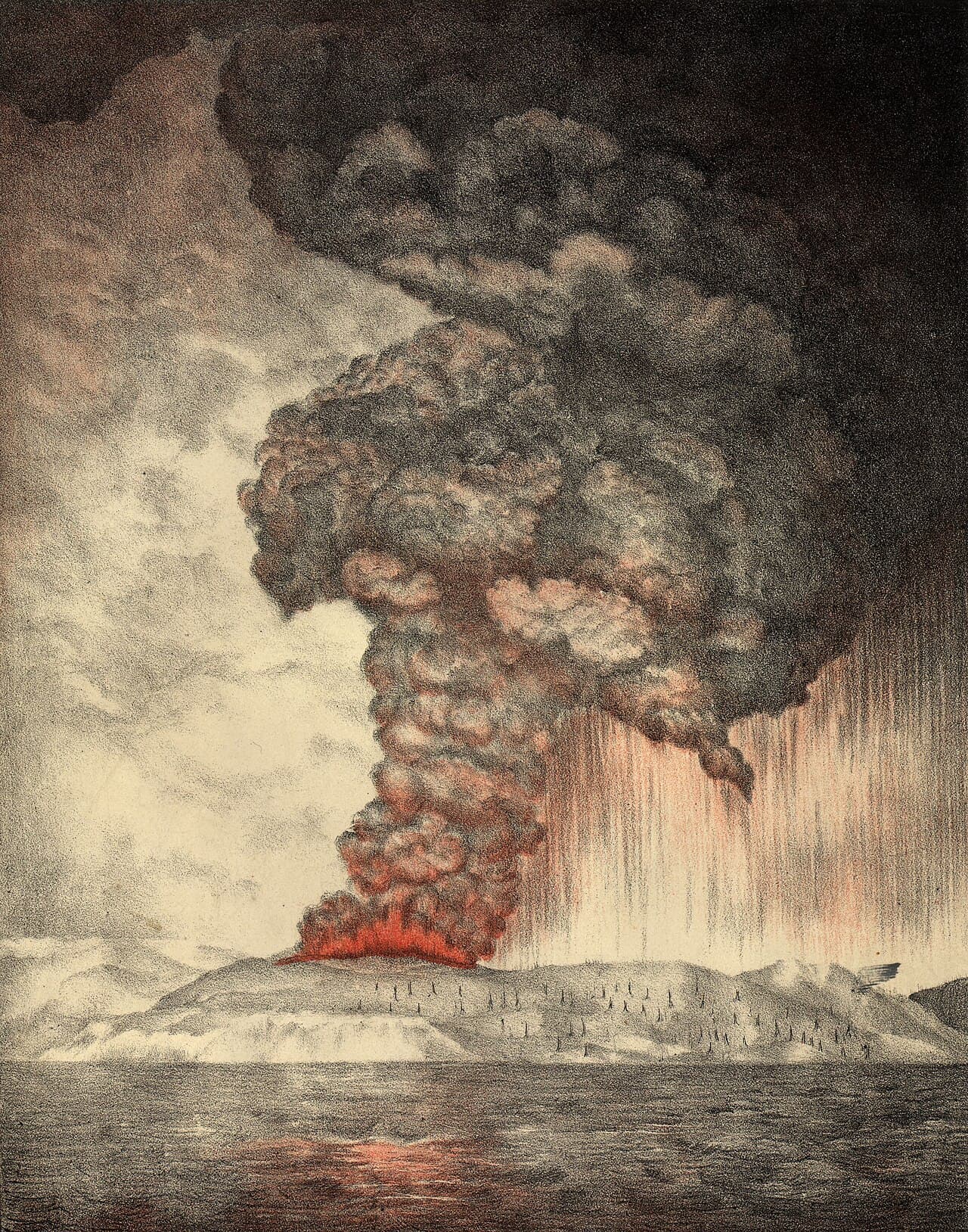 Litografi berwarna letusan Krakatau 1883, kolom asap raksasa membubung di atas laut