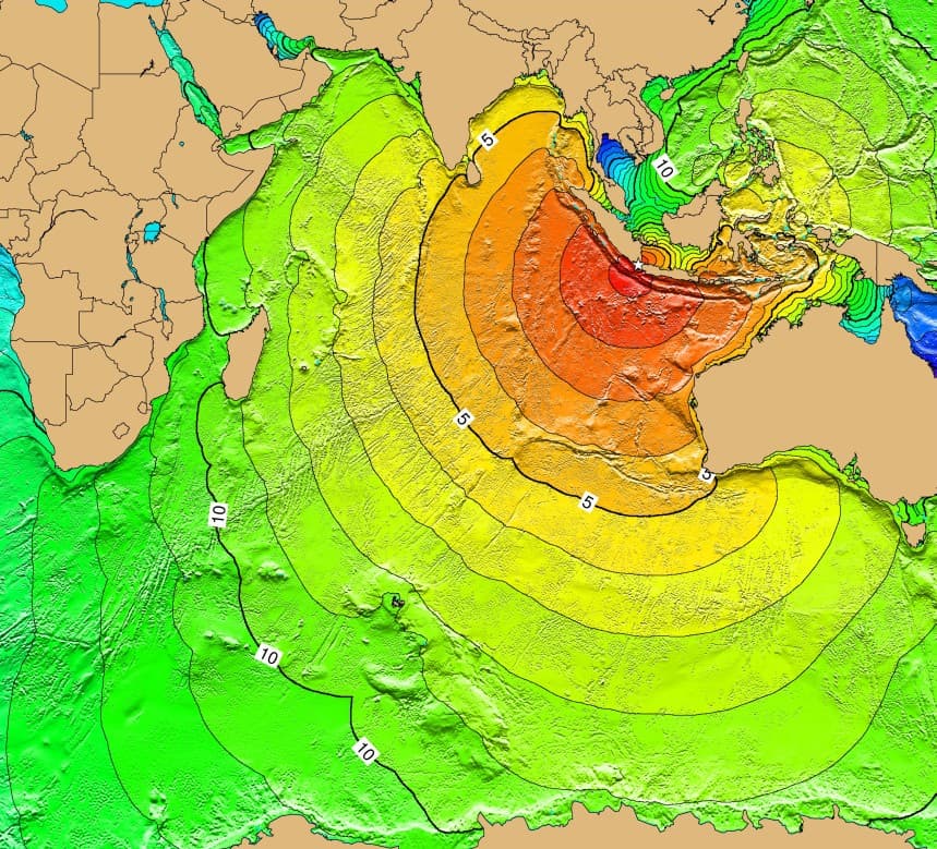 Map of the tsunami generated by the explosion of the Krakatoa Volcano in Indonesia on August 27, 1883. It made a 30 meter wave in the Sunda Strait whi