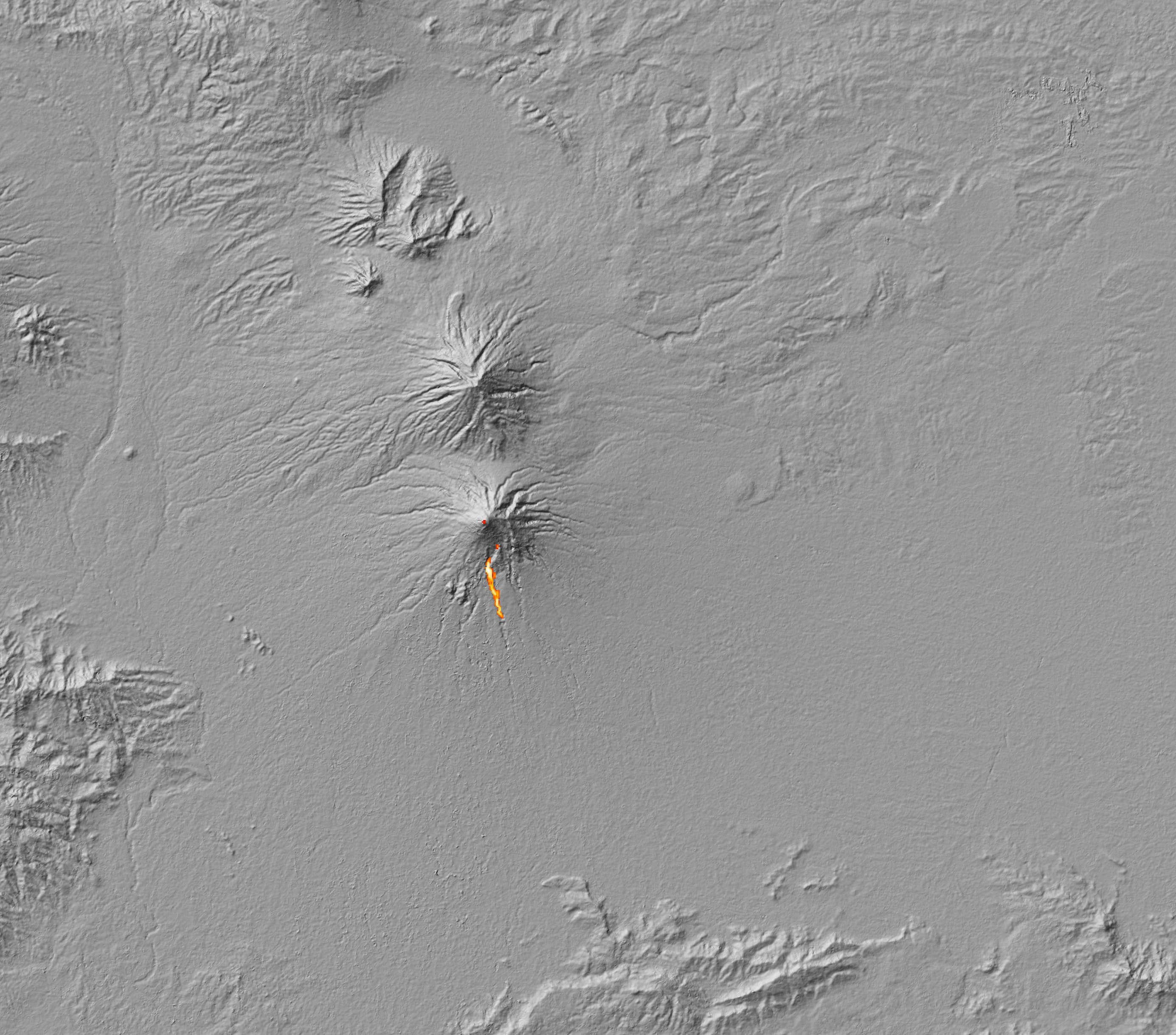 The thermal signature of hot ash and rock and a glowing lava dome on Mount Merapi. The thermal data is overlaid on a three-dimensional map of the volc