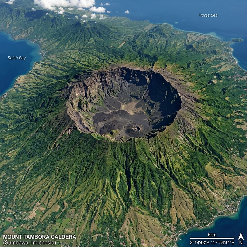 Foto satelit memperlihatkan kawah kaldera raksasa Gunung Tambora