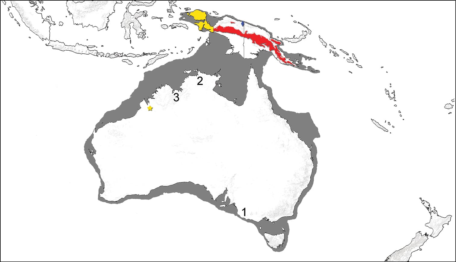 Map of the Greater Australian continent. Map includes an outline of the larger land mass know as “Sahul” or “Meganesia” that forms when the continenta