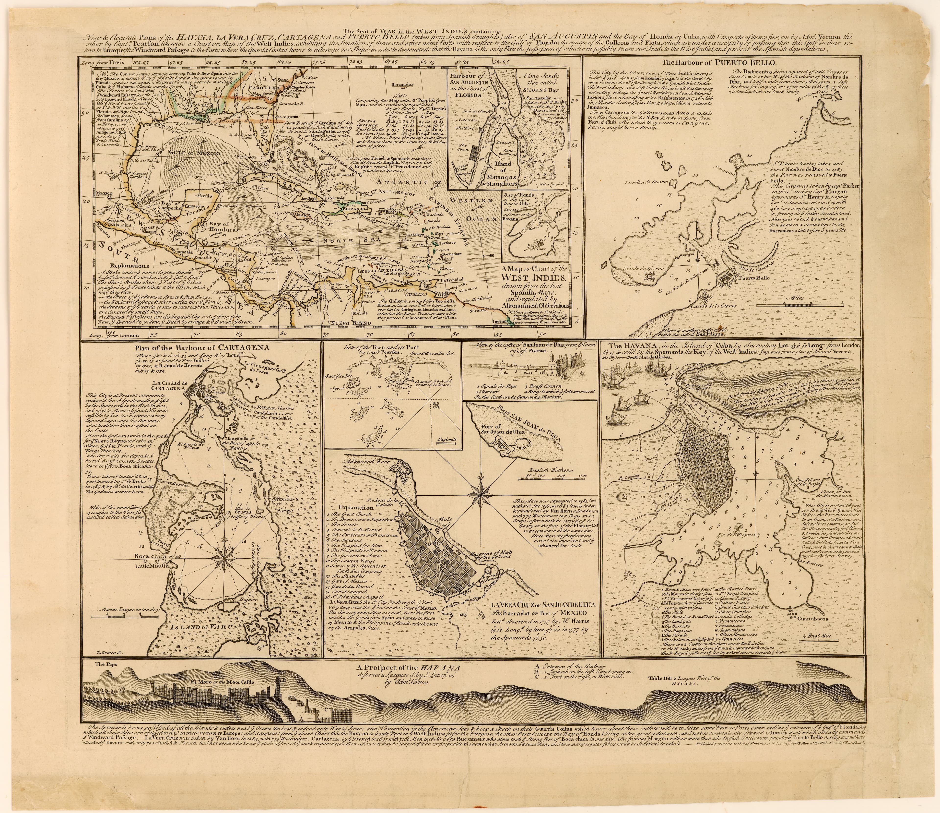 English pamphlet with maps of the Caribbean and main Spanish cities in the region, published in 1740 to build public support for the ongoing war again