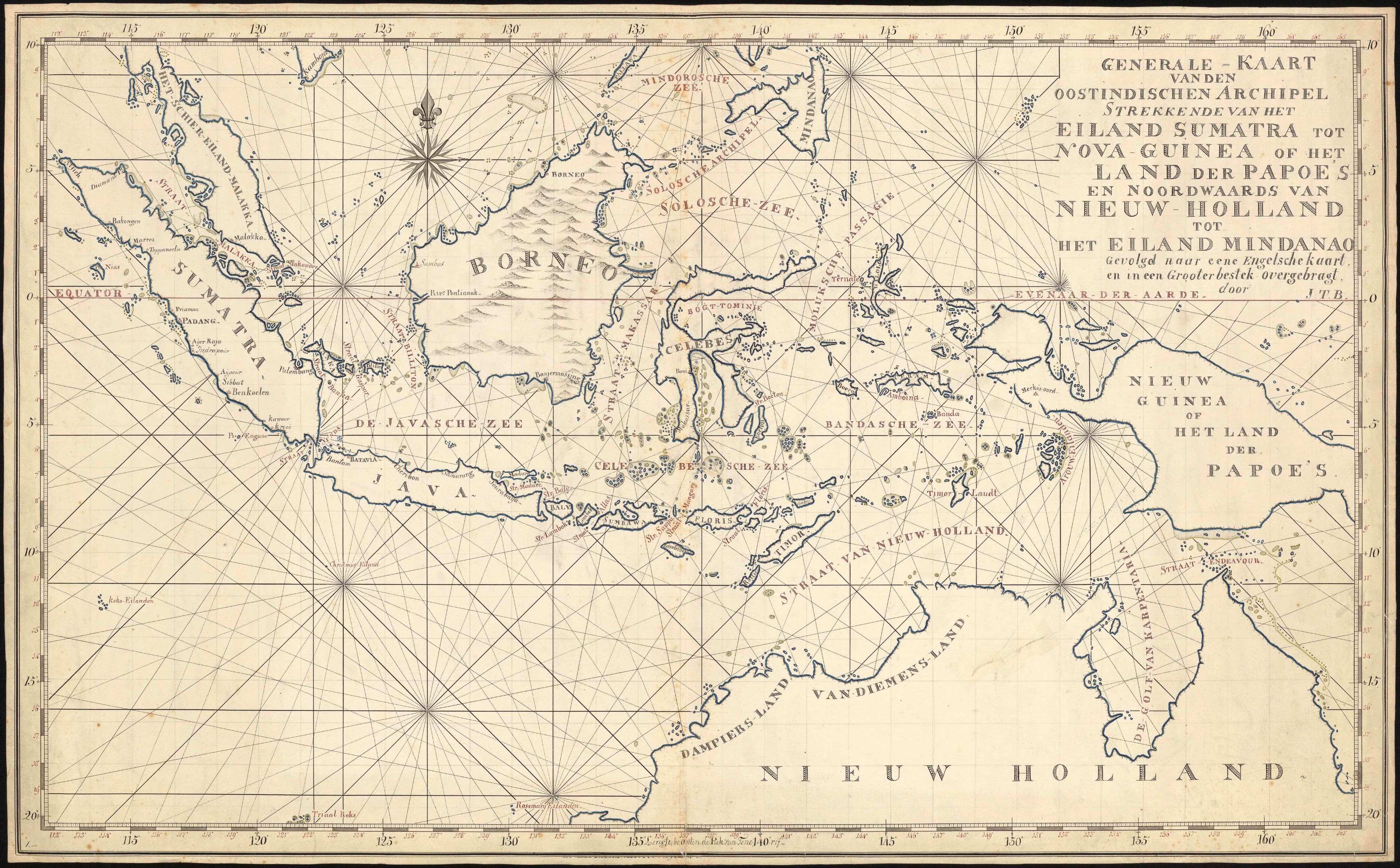 Geteekende kaart van den Oost-Indischen Archipel, strekkende van het eiland Sumatra tot Nova Guinea of het land der Papoes, en noordwaarts van Nieuw-H