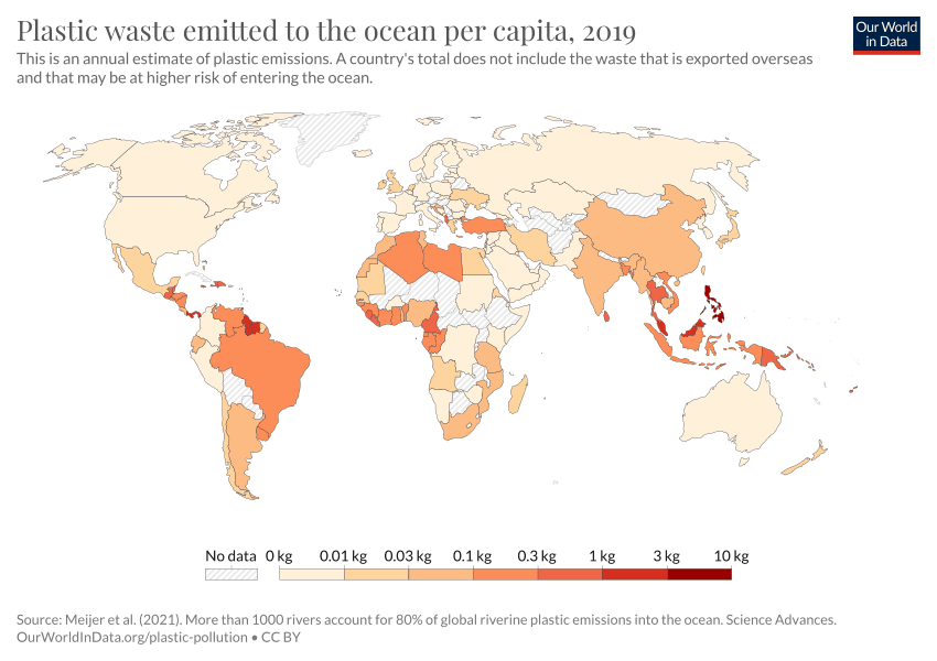 Plastic waste emitted to the ocean per capita, 2019. This is an annual estimate of plastic emissions. A country’s total does not include the waste tha